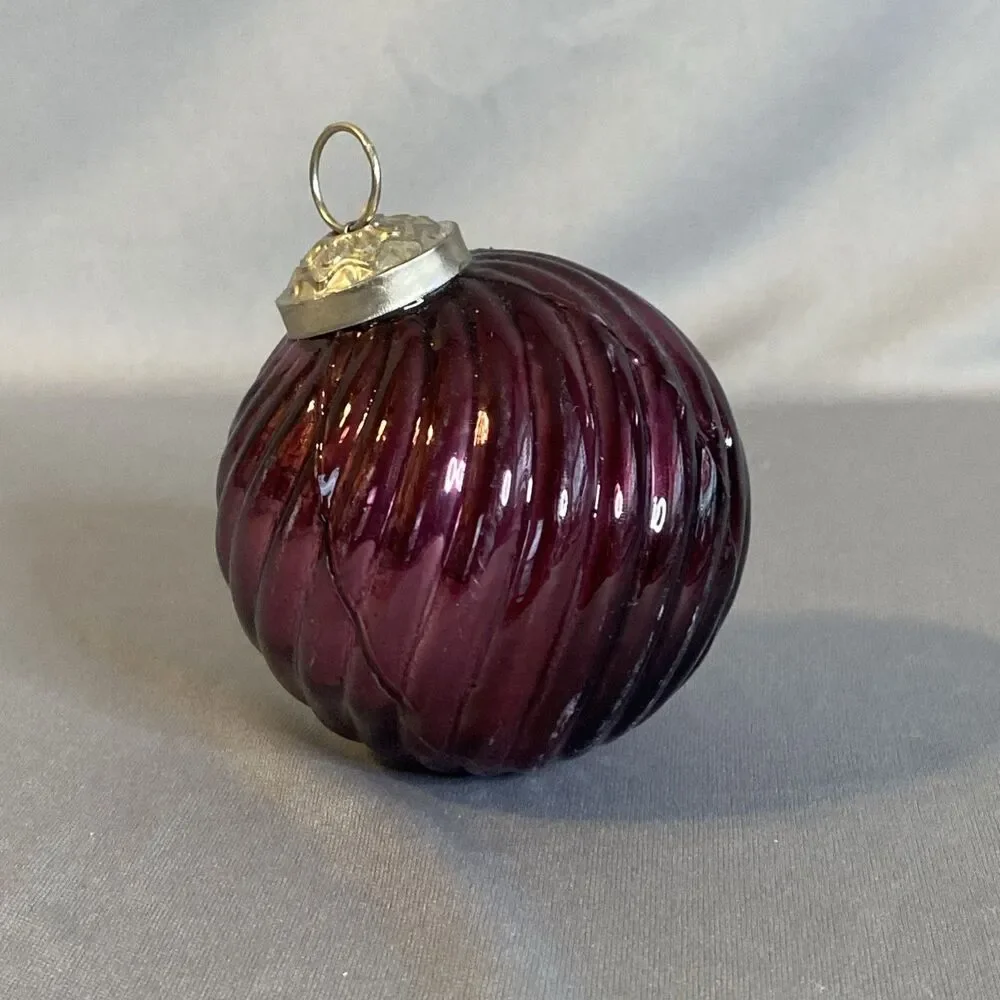 Kugel Inspired Blown Glass Ball Ornament Purple Ribbed Swirl Christmas Decor